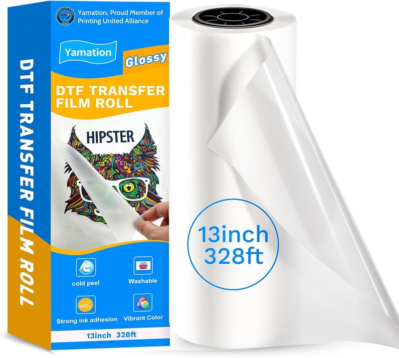 Yamation DTF Transfer Film Roll: 13 Inch x 328 Feet Glossy Clear PET Paper Cold Peel Direct to Film Transfer Paper for Tshirt - Image 1
